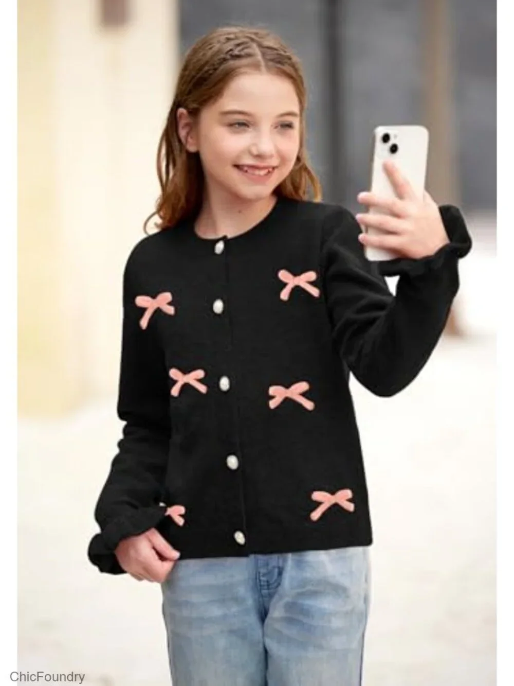 Knit Ruffle Sleeve Cardigan Sweater with 3D Bow Button Down